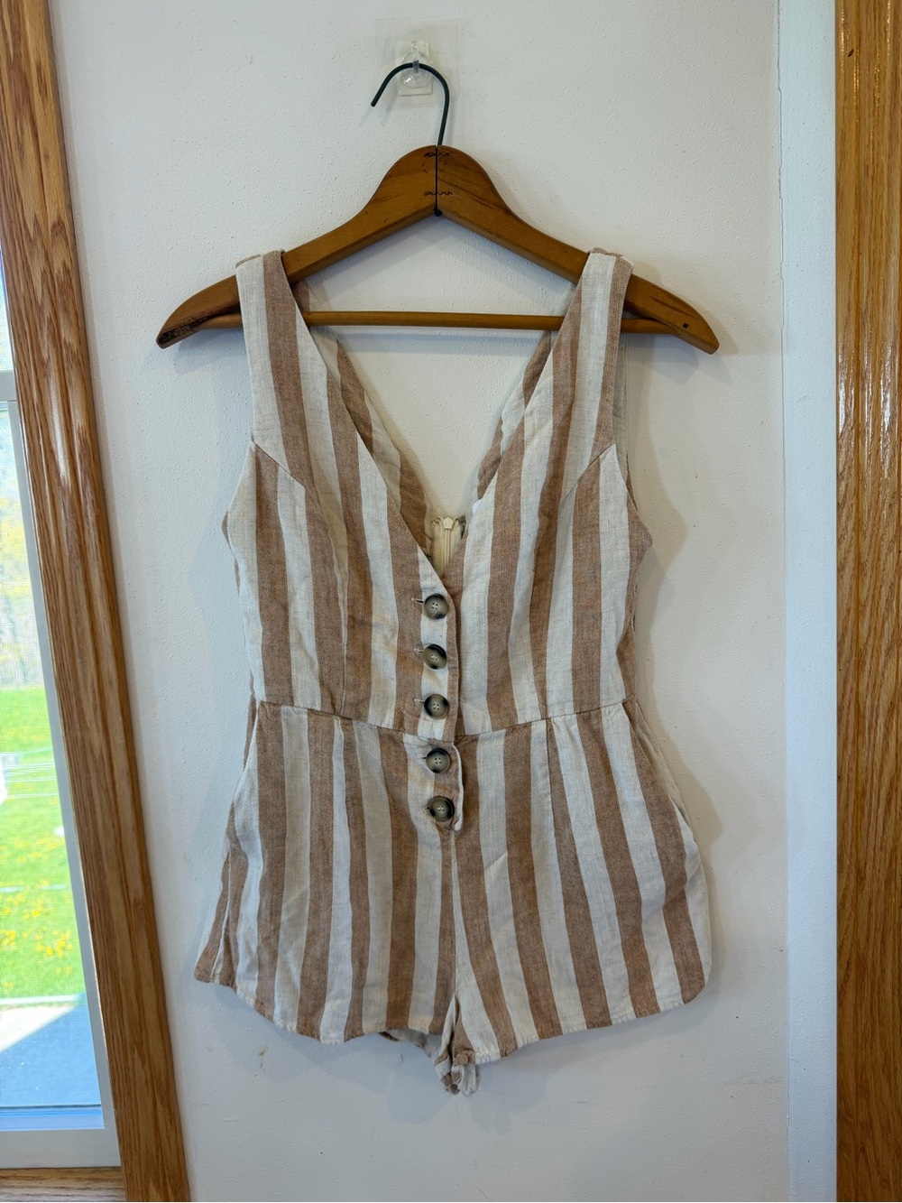 Skylar + Madison Beige and White Striped Linen Romper